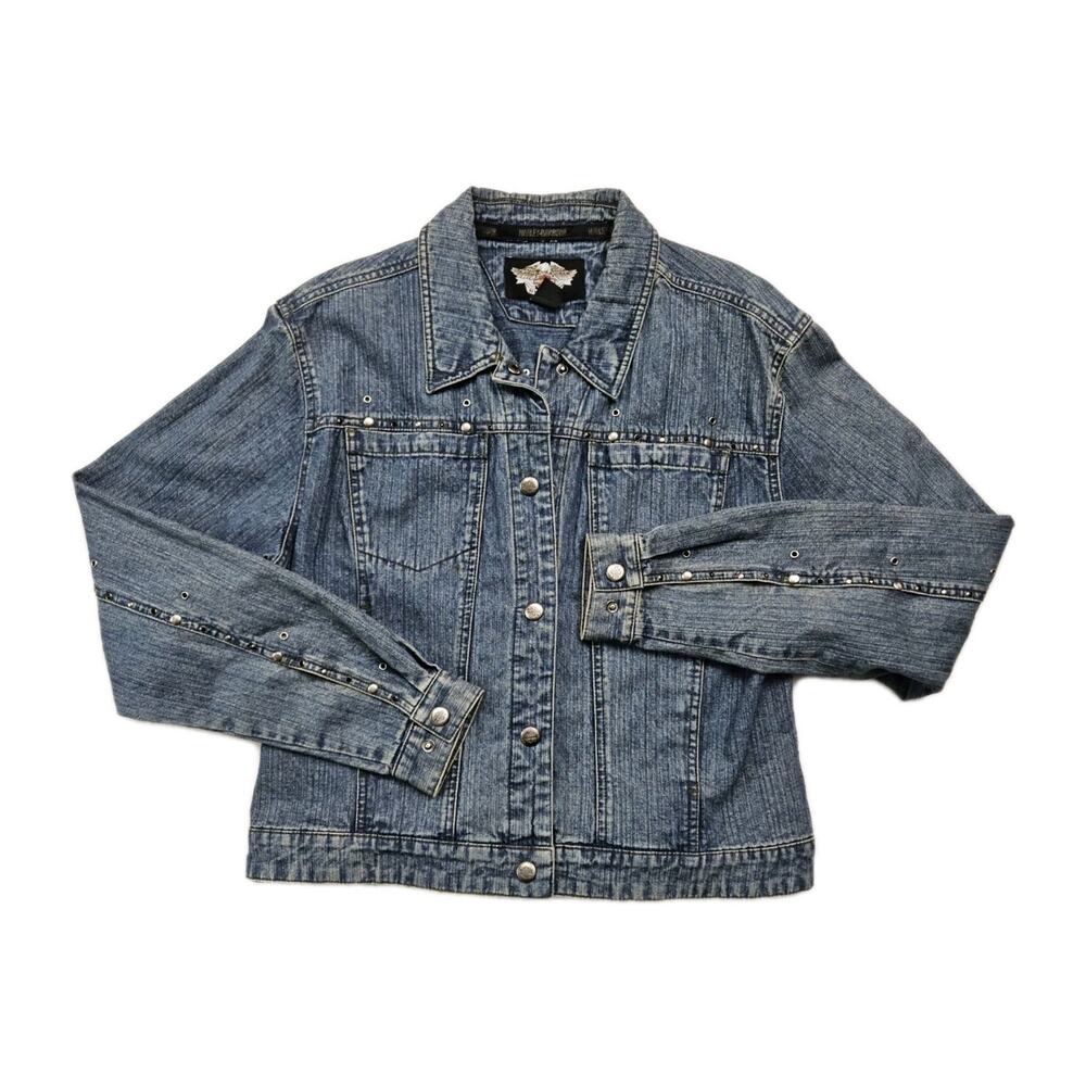 Harley Davidson Denim Jacket Women's XL Studded Embroidered Logo Embellished